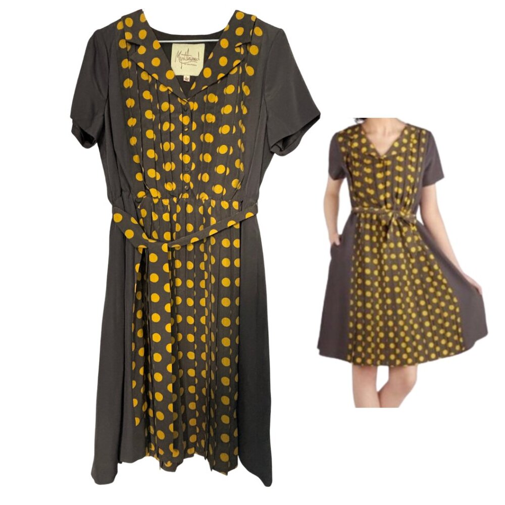 Myrtlewood ModCloth retro dress gray/brown and yellow dot L